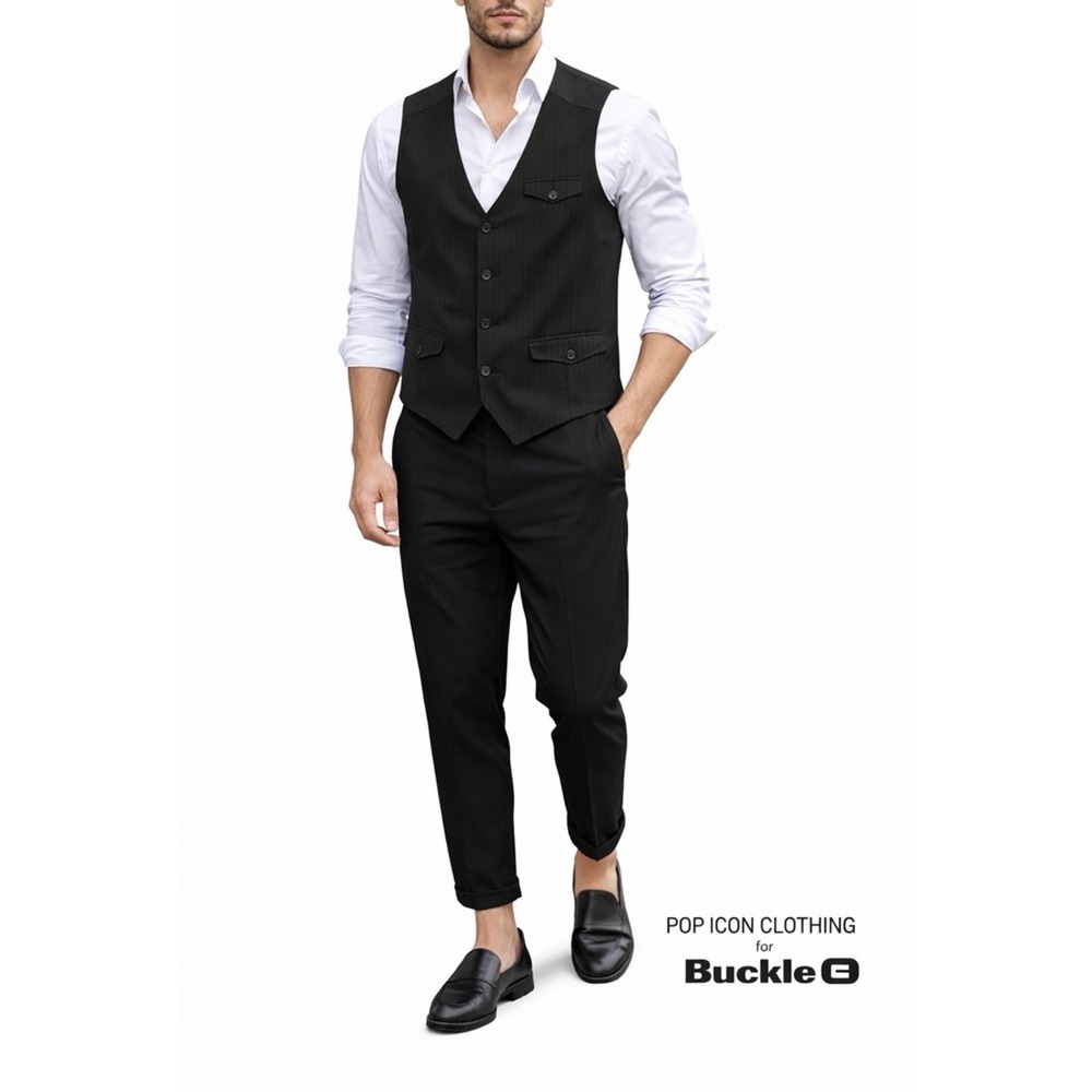 Pop Icon Clothing Vest Mens XL Black Pinstripe Vest  Plaid Lined V-Neck‎ Buttons